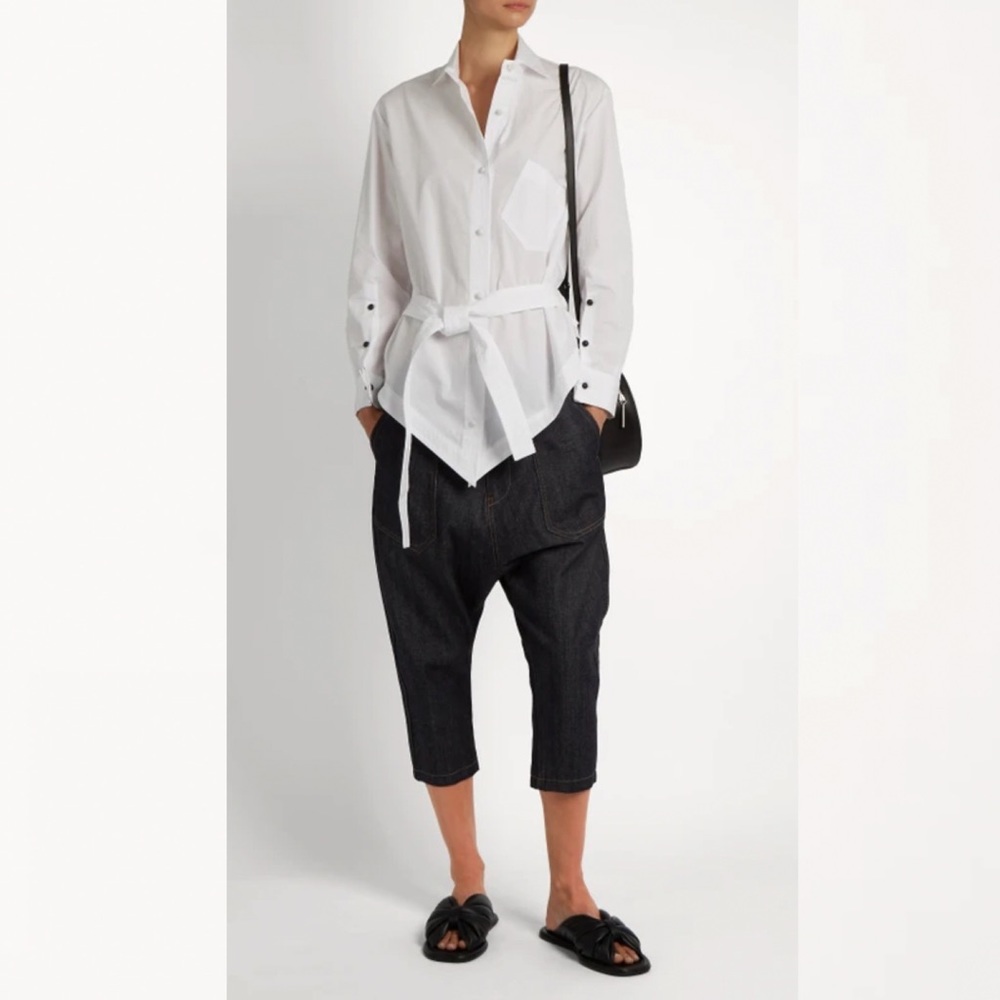 Yohji Yamamoto Dark Grey Tie-waist Pointed-hem Denim Shirt